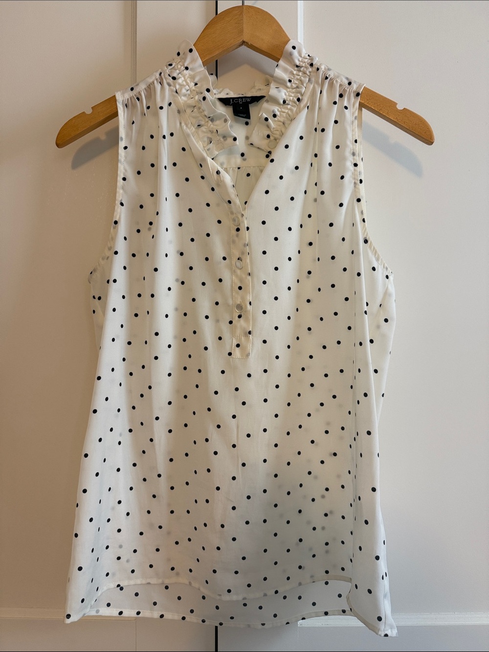 J.Crew Polka Dot Ruffle Neck Sleeveless Blouse | White & Navy | Size S